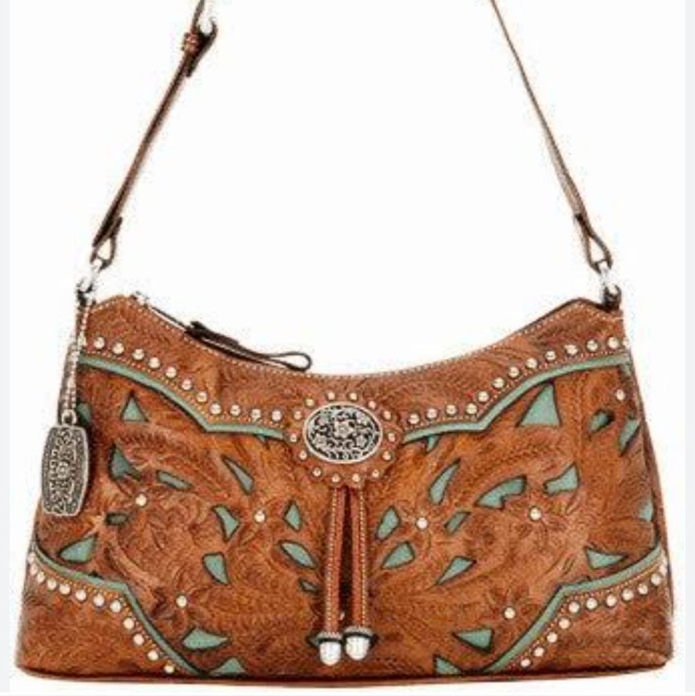 American West Lady Lace Women’s Zip-Top Shoulder Bag Antique Brown Pre-Owned